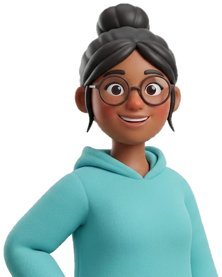 3D character of Rashmi, Yetech’s design lead, in a teal hoodie and round glasses