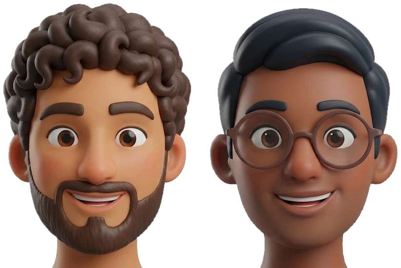 3D characters of Yetech’s two engineers, smiling side by side