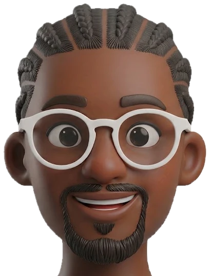 3D character of Django Yepidan, Yetech’s founder, with braids and white glasses