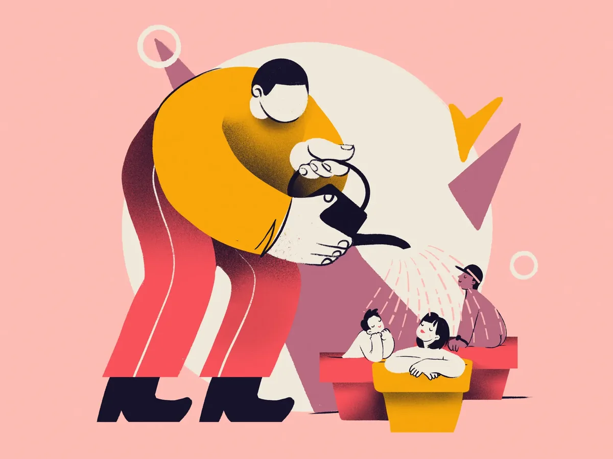 Illustration of a person watering people growing in flower pots
