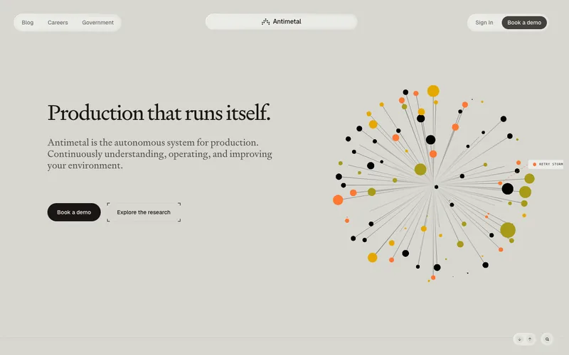 Antimetal homepage with the headline “Production that runs itself.”