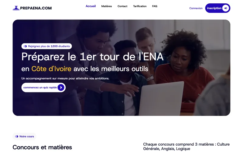 PrepaENA homepage with the headline “Préparez le 1er tour de l’ENA”